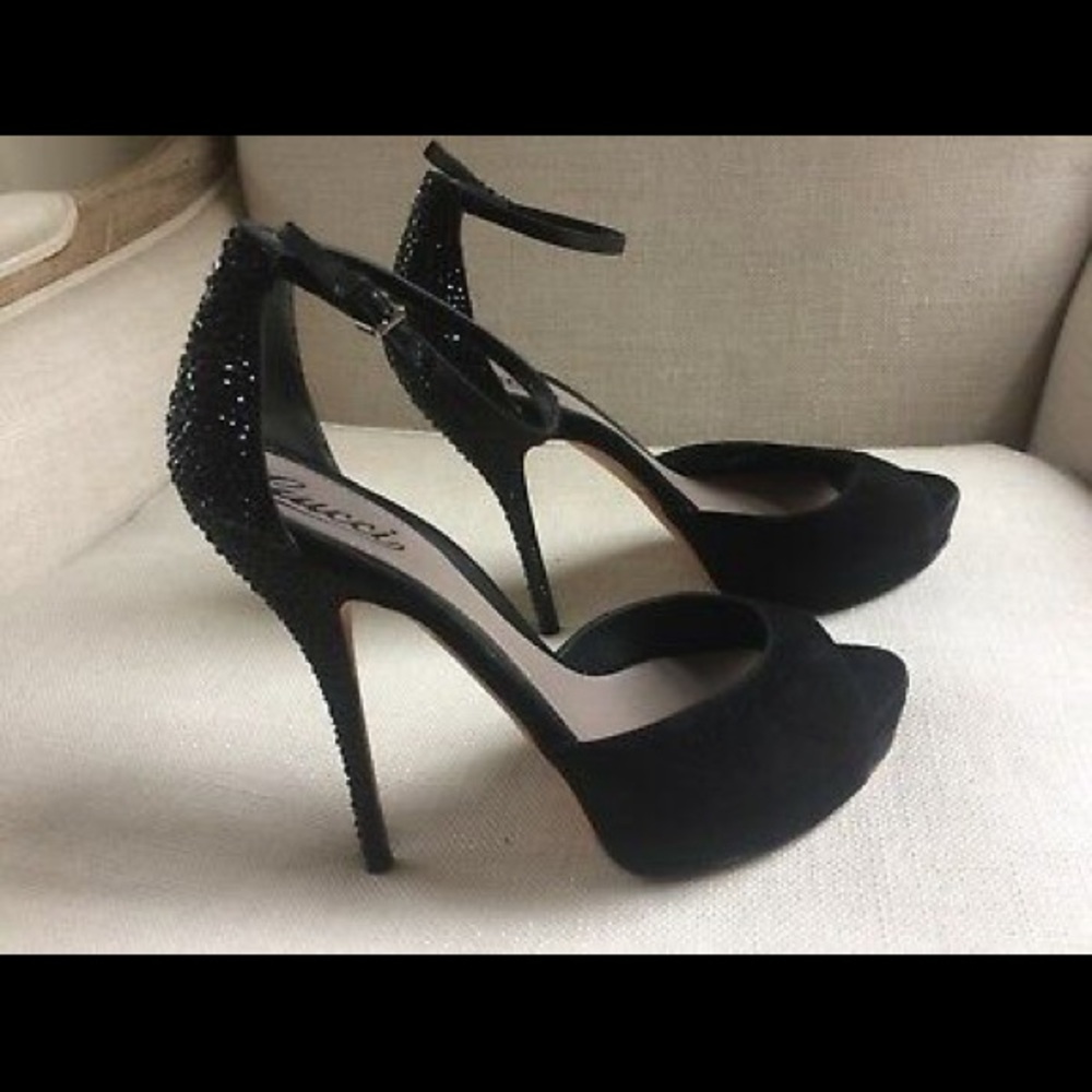 Gucci Strass Heels Black Suede Crystal Ankle Strap US 9 EU 39